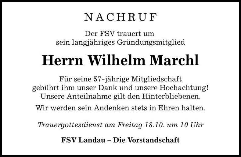 Traueranzeige Wilhelm Marchl