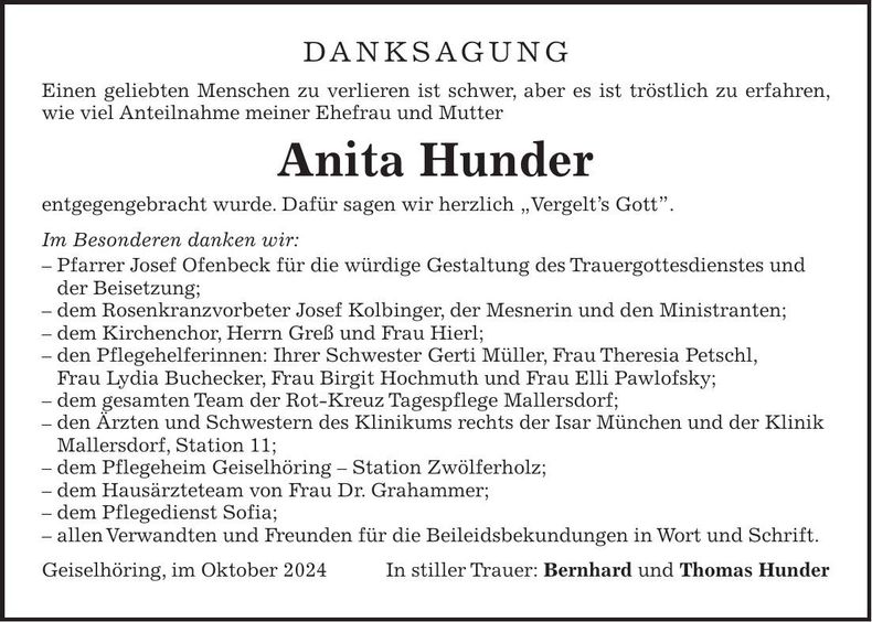 Traueranzeige Anita Hunder