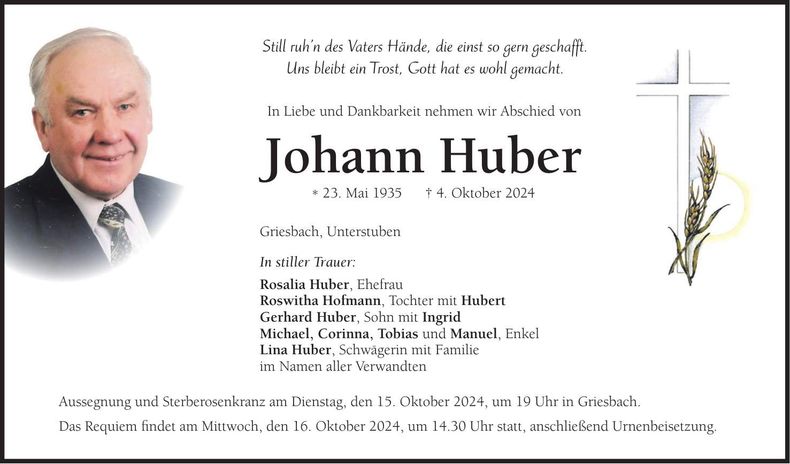 Traueranzeige Johann Huber