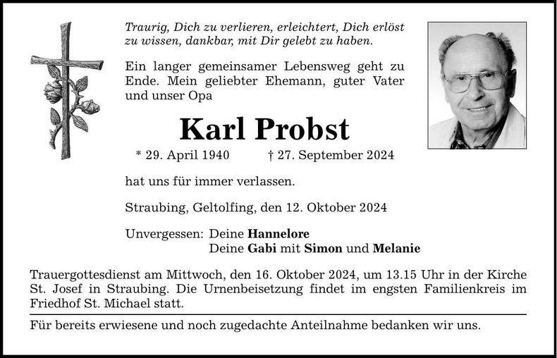 Traueranzeige Karl Probst