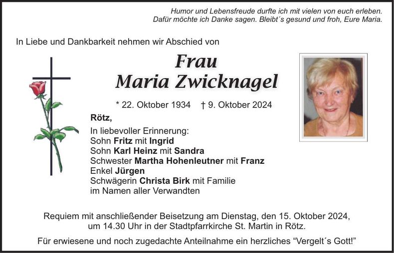 Traueranzeige Maria Zwicknagel