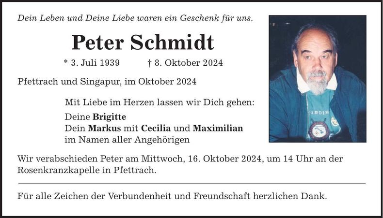 Traueranzeige Peter Schmidt