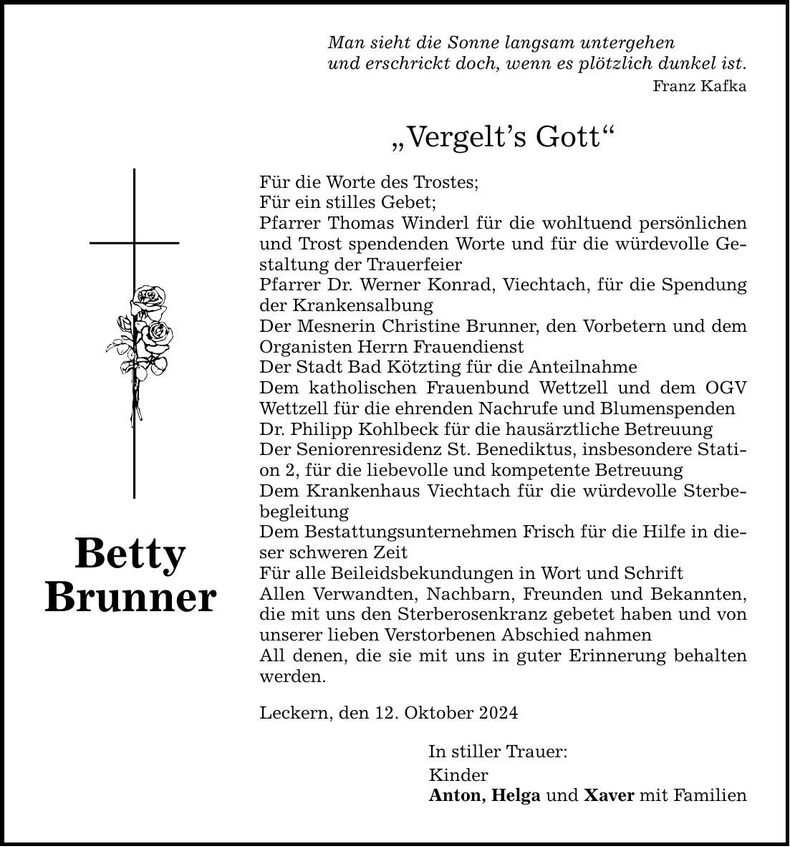 Traueranzeige Betty Brunner