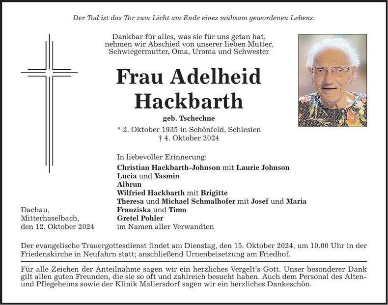 Traueranzeige Adelheid Hackbarth