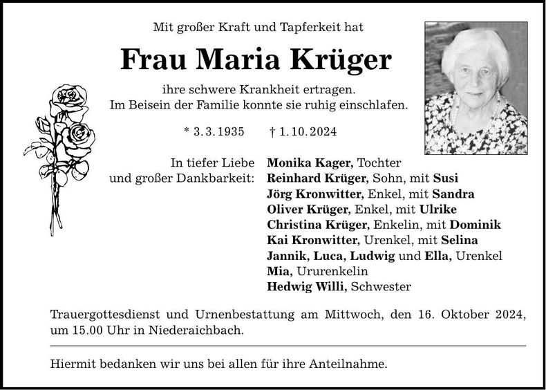 Traueranzeige Maria Krüger