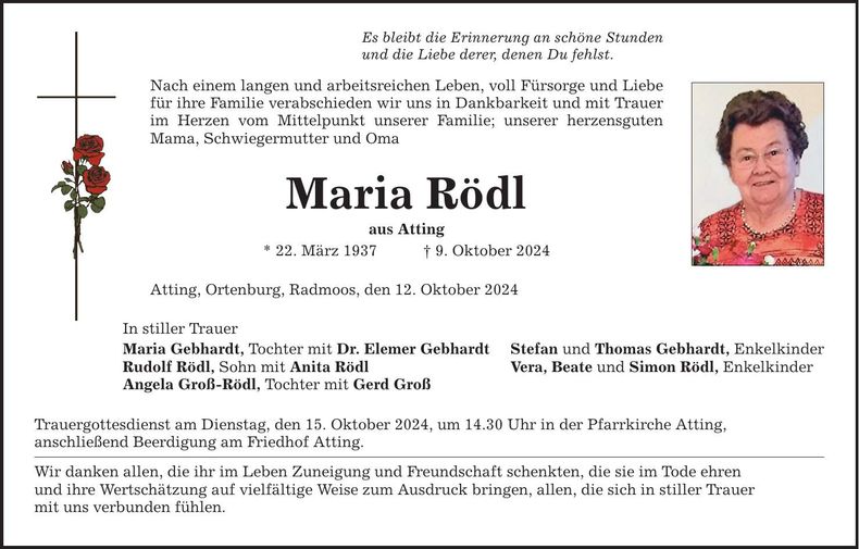 Traueranzeige Maria Rödl
