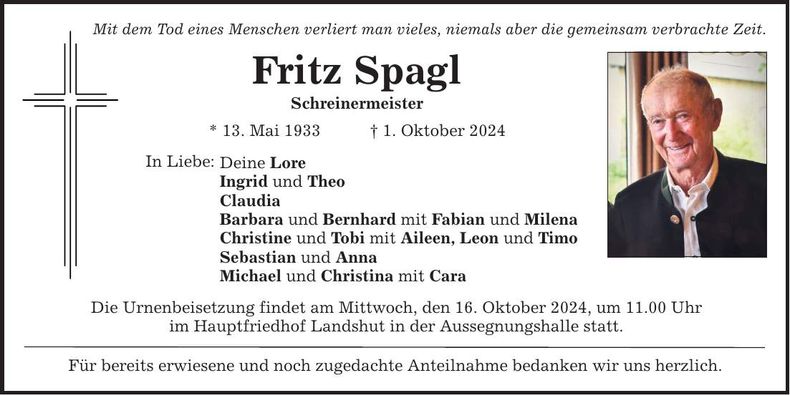 Traueranzeige Fritz Spagl