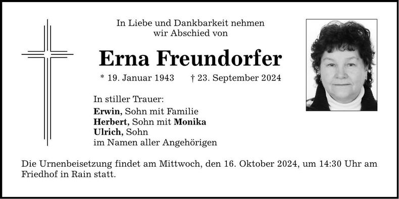 Traueranzeige Erna Freundorfer