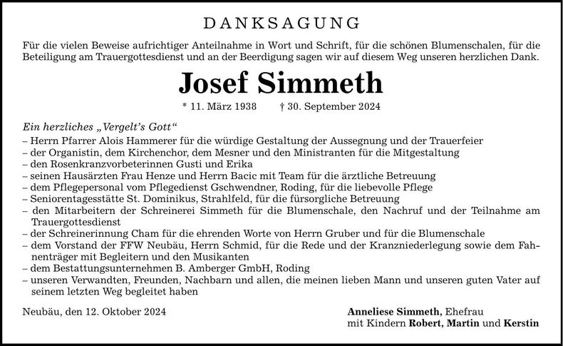 Traueranzeige Josef Simmeth