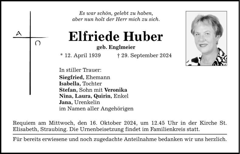 Traueranzeige Elfriede Huber