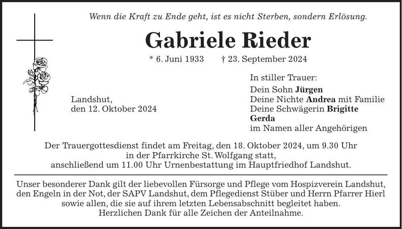 Traueranzeige Gabriele Rieder
