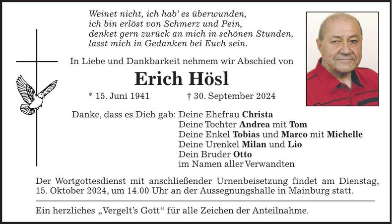Traueranzeige Erich Hösl