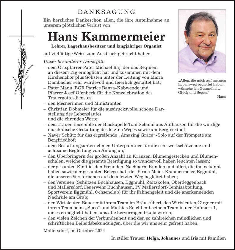 Traueranzeige Hans Hans Kammermeier