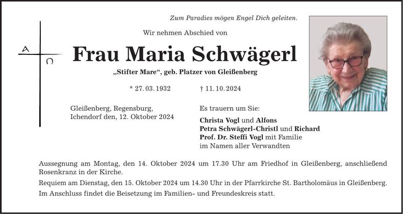 Traueranzeige Maria Schwägerl