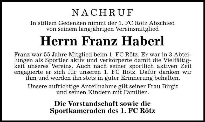 Traueranzeige Franz Haberl