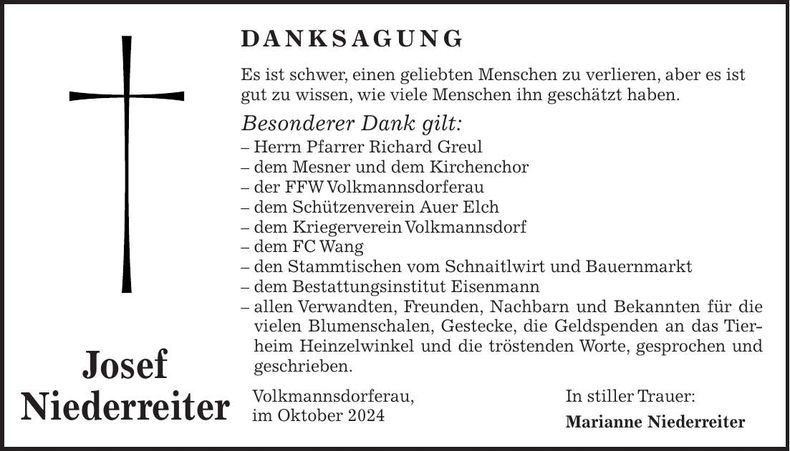 Traueranzeige Josef Niederreiter