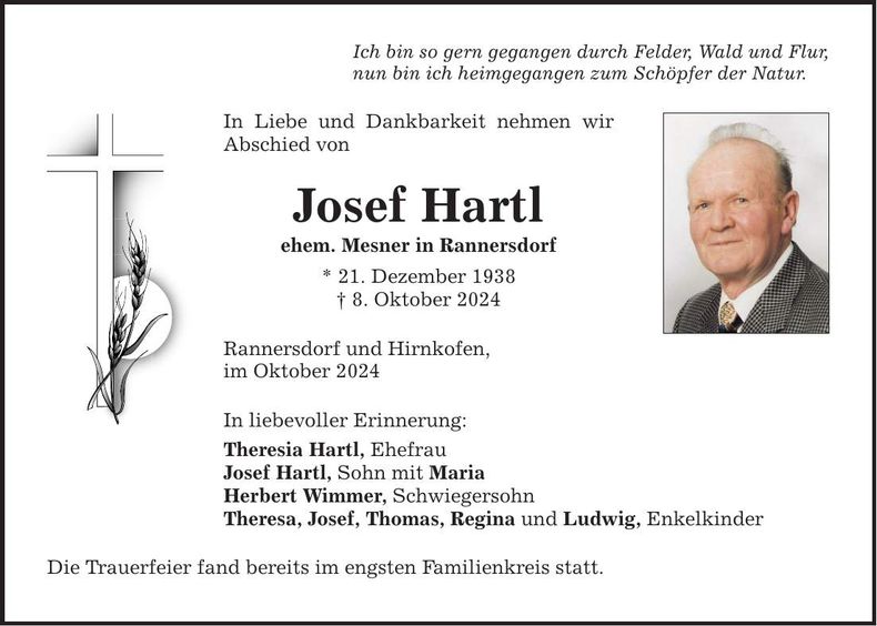 Traueranzeige Josef Hartl