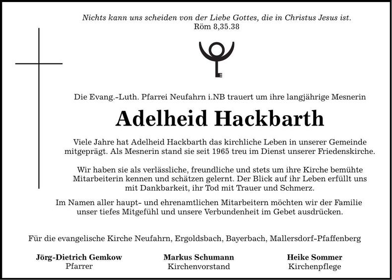 Traueranzeige Dieter Hackbarth
