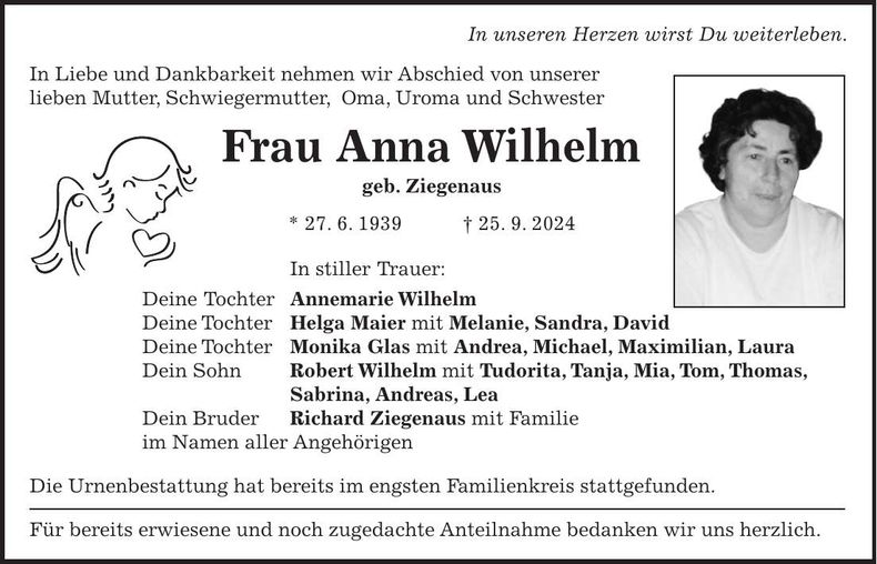 Traueranzeige Anna Wilhelm