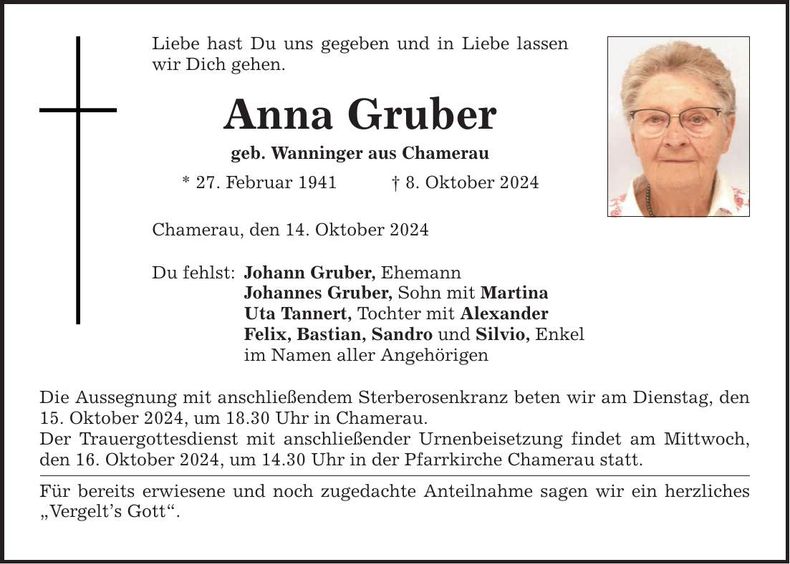 Traueranzeige Anna Gruber