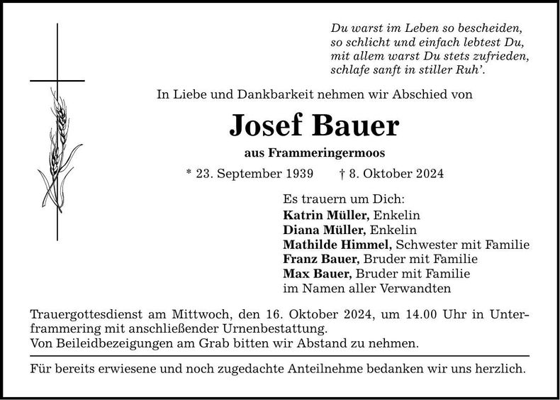 Traueranzeige Josef Bauer