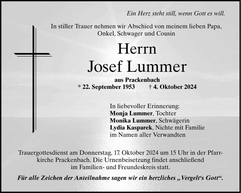 Traueranzeige Josef Lummer