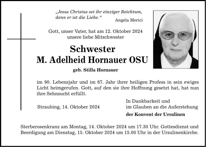 Traueranzeige Schwester M. Adelheid Hornauer