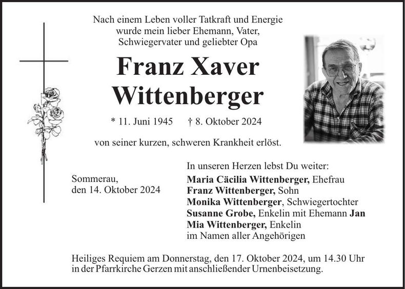 Traueranzeige Franz Xaver Wittenberger