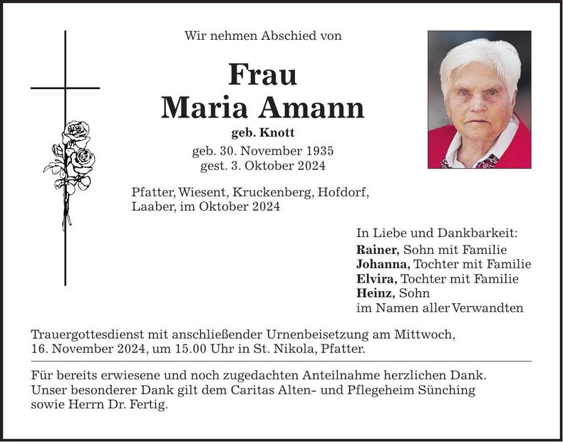 Traueranzeige Maria Amann