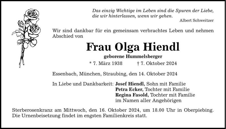 Traueranzeige Olga Hiendl