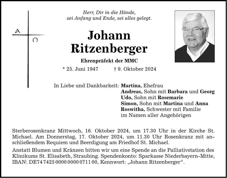 Traueranzeige Johann Ritzenberger