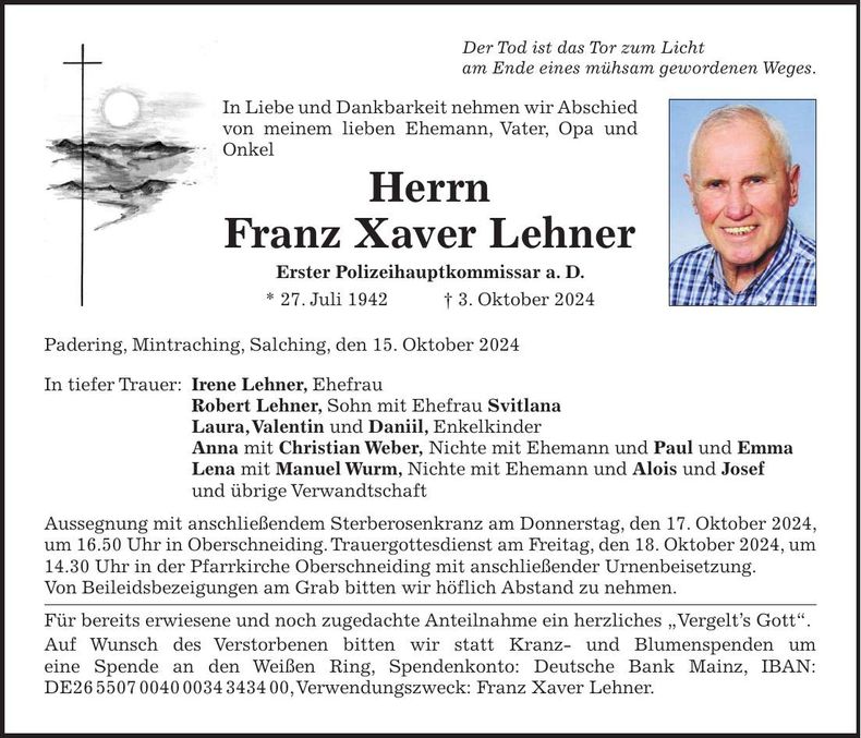 Traueranzeige Franz Xaver Lehner