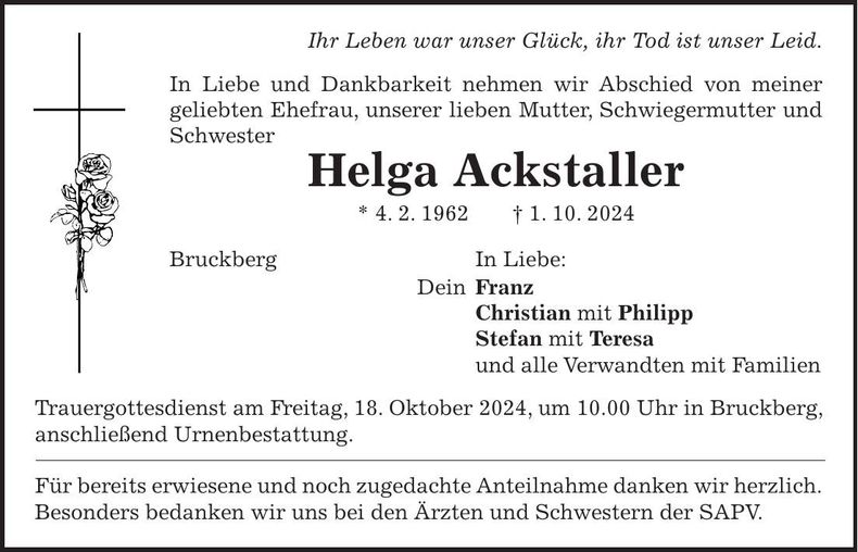 Traueranzeige Helga Ackstaller