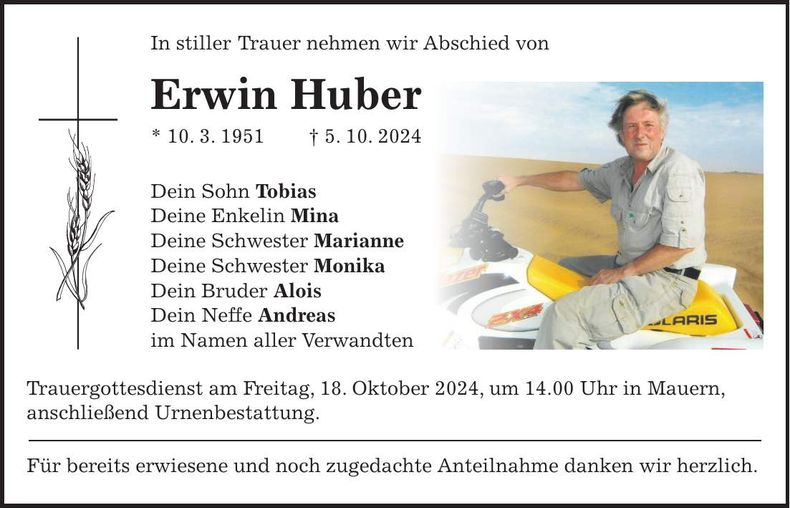 Traueranzeige Erwin Huber