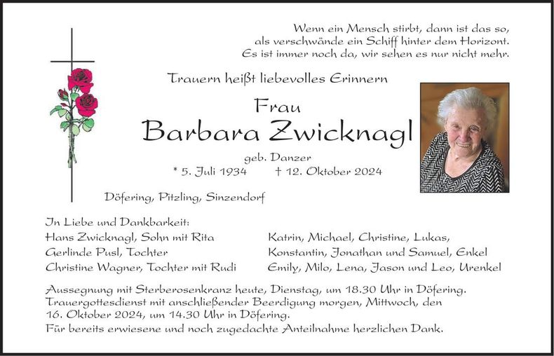 Traueranzeige Zwicknagl Barbara