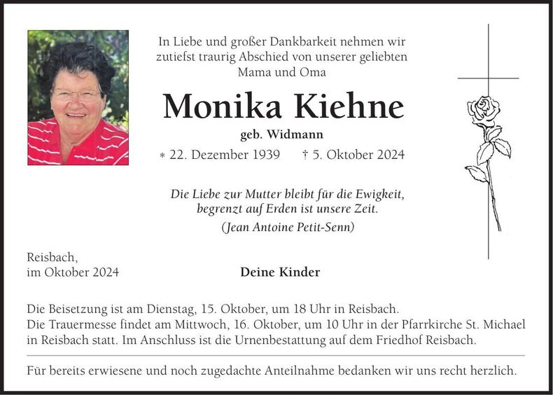 Traueranzeige Monika Kiehne