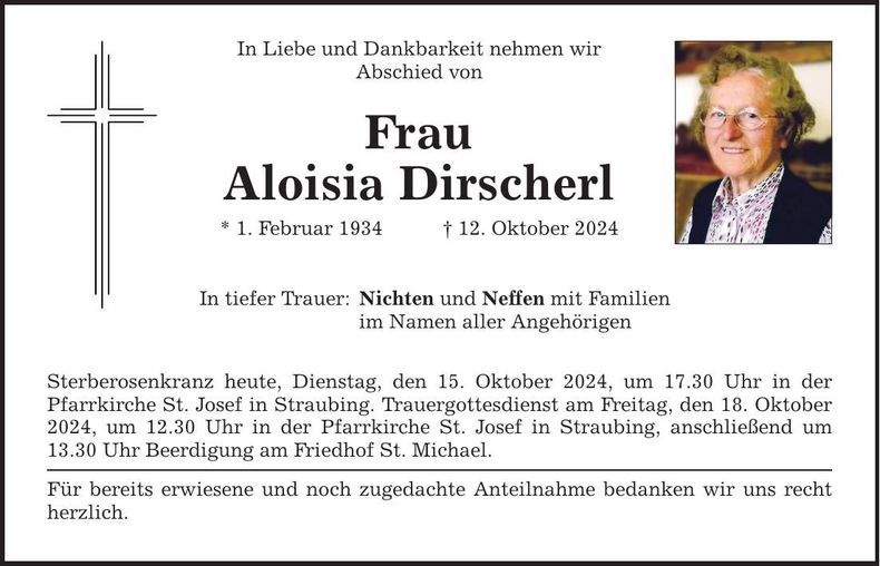 Traueranzeige Aloisia Dirscherl