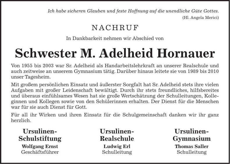 Traueranzeige Adelheid Hornauer