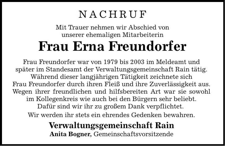 Traueranzeige Erna Freundorfer