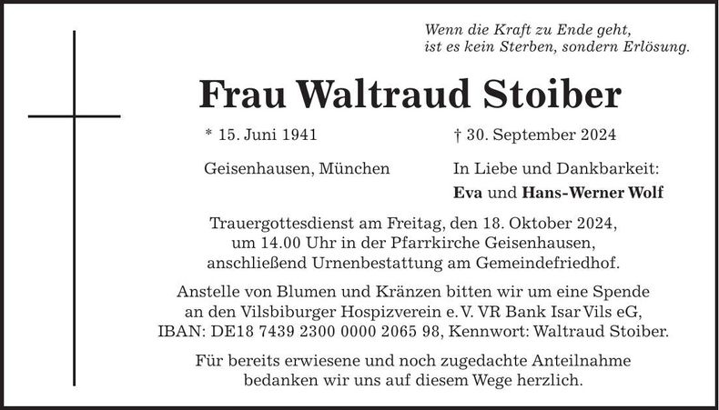 Traueranzeige Waltraud Stoiber