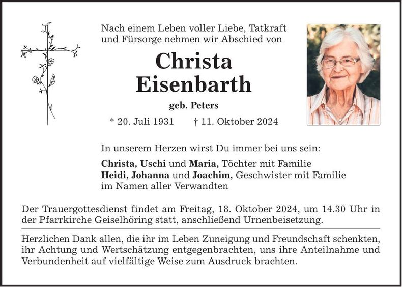 Traueranzeige Christa Eisenbarth