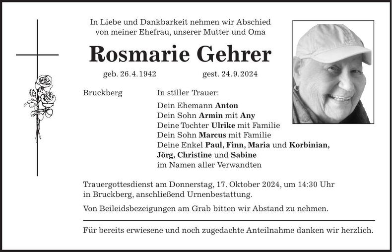 Traueranzeige Rosmarie Gehrer