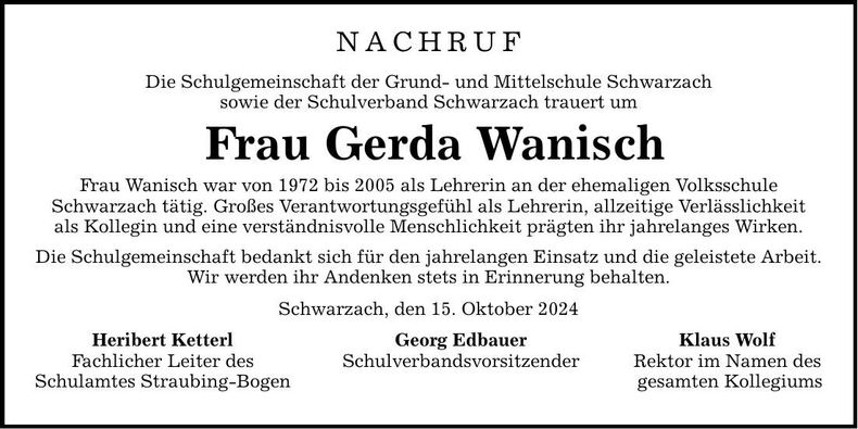 Traueranzeige Gerda Wanisch