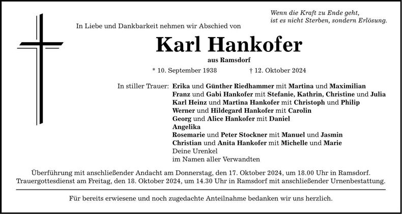 Traueranzeige Karl Hankofer