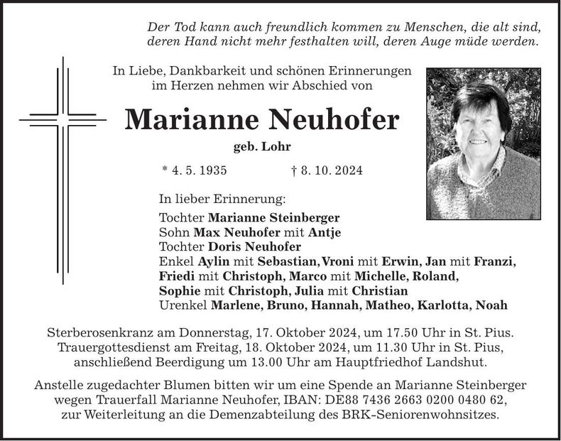Traueranzeige Marianne Neuhofer