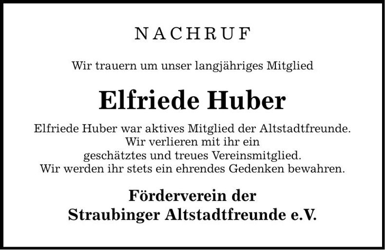 Traueranzeige Elfriede Huber