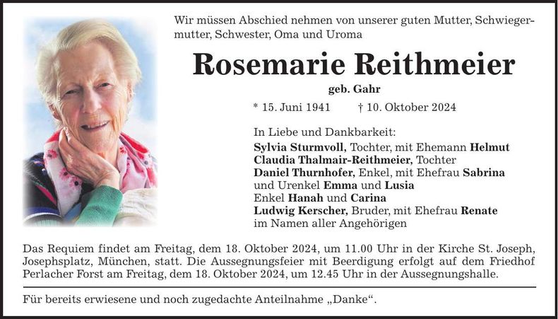 Traueranzeige Rosemarie Reithmeier