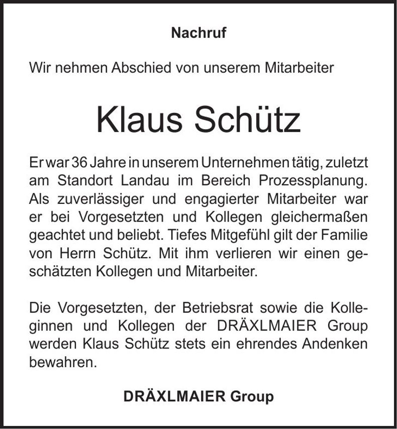 Traueranzeige Klaus Schütz