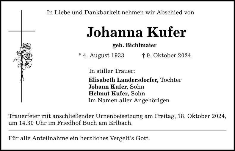 Traueranzeige Johanna Kufer