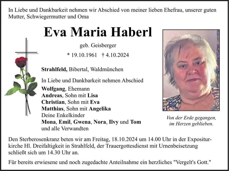 Traueranzeige Eva Maria Haberl